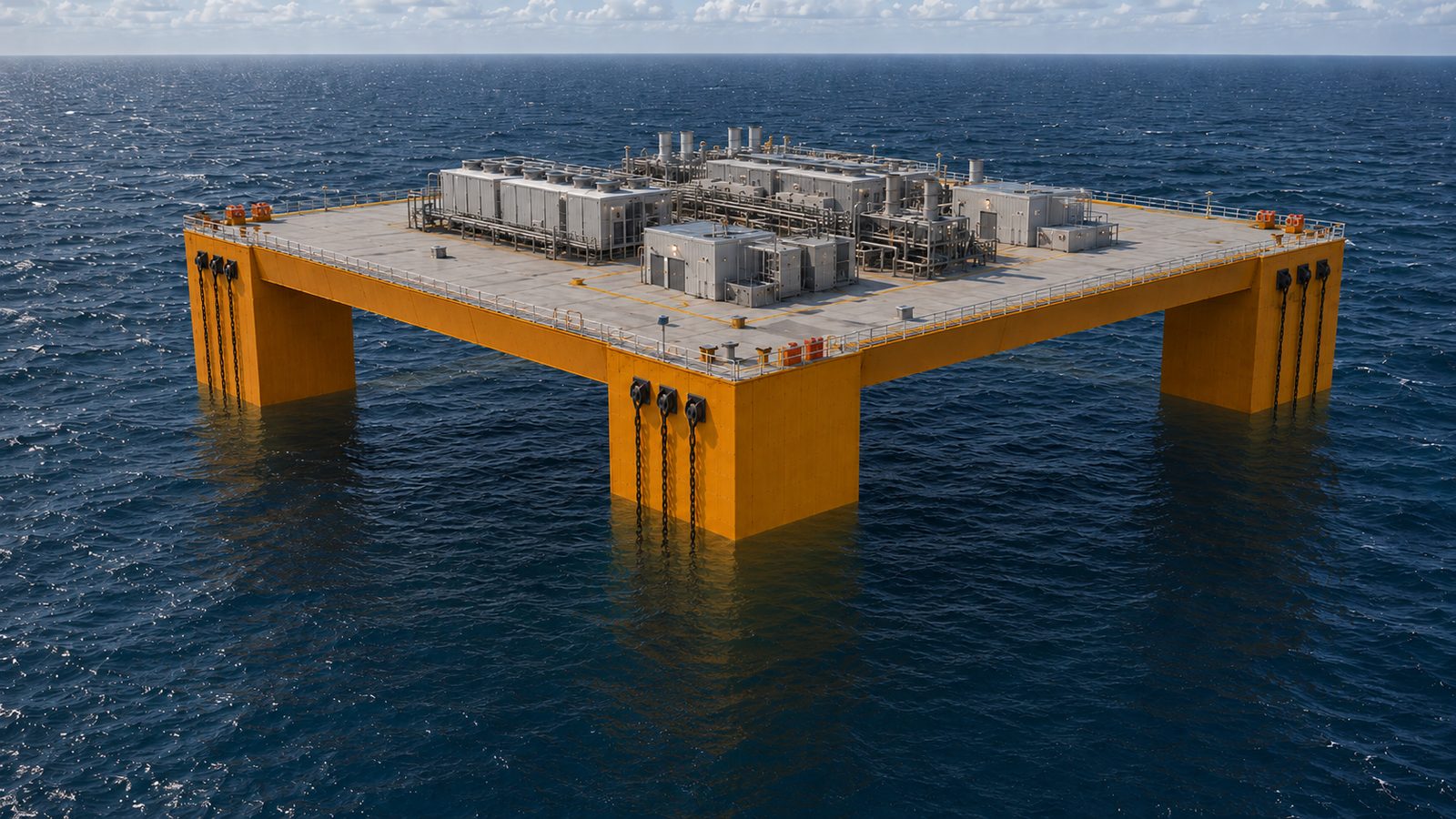 The MPSS platform on station offshore: four square corner columns, full flat structural deck carrying topsides modules, mooring chains at each column.